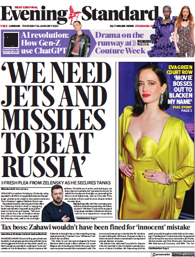 London Evening Standard Newspaper Front Page (UK) for 27 January 2023