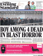 London Evening Standard (UK) Newspaper Front Page for 27 February 2018