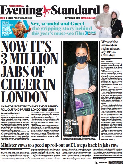 London Evening Standard Newspaper Front Page (UK) for 27 March 2021
