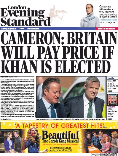 London Evening Standard Newspaper Front Page (UK) for 27 April 2016