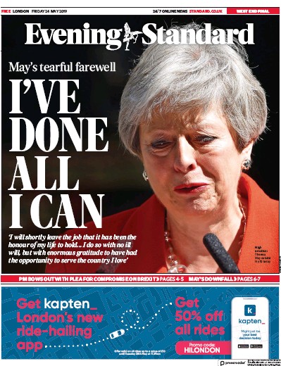 London Evening Standard Newspaper Front Page (UK) for 27 May 2019