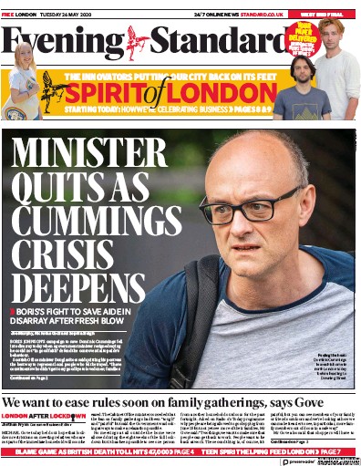 London Evening Standard Newspaper Front Page (UK) for 27 May 2020