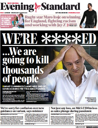 London Evening Standard Newspaper Front Page (UK) for 27 May 2021