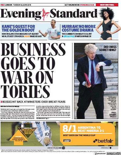 London Evening Standard Newspaper Front Page (UK) for 27 June 2018
