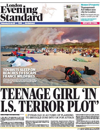 London Evening Standard Newspaper Front Page (UK) for 27 July 2017