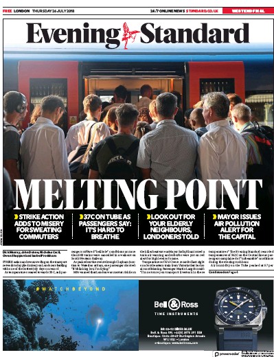 London Evening Standard Newspaper Front Page (UK) for 27 July 2018