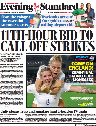 London Evening Standard Newspaper Front Page (UK) for 27 July 2022
