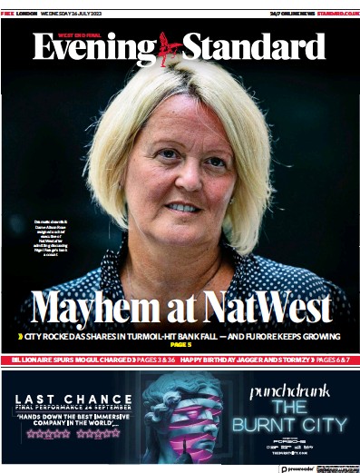 London Evening Standard Newspaper Front Page (UK) for 27 July 2023