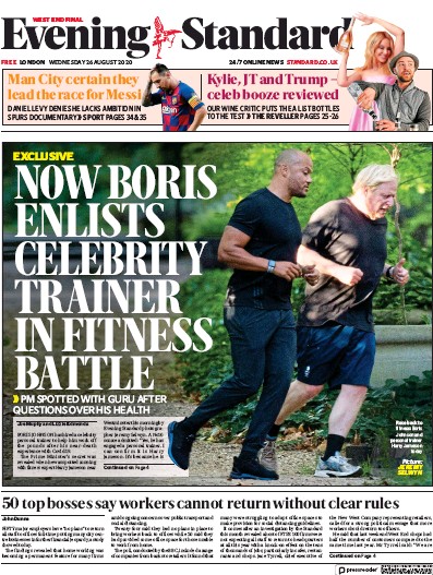 London Evening Standard Newspaper Front Page (UK) for 27 August 2020