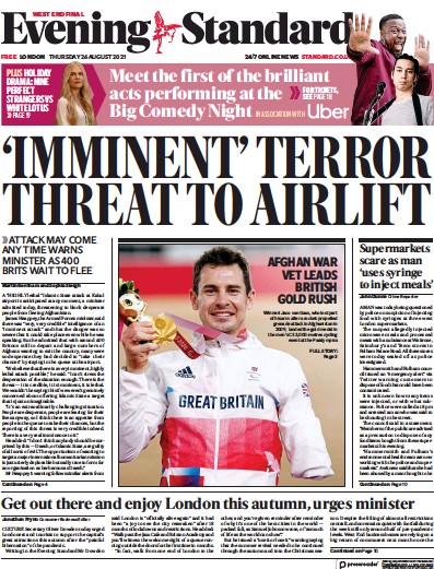 London Evening Standard Newspaper Front Page (UK) for 27 August 2021