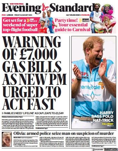 London Evening Standard Newspaper Front Page (UK) for 27 August 2022