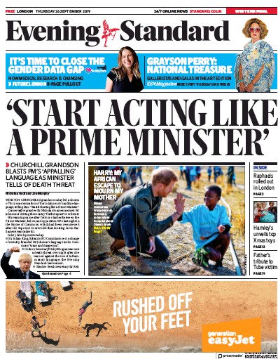 London Evening Standard Newspaper Front Page (UK) for 27 September 2019