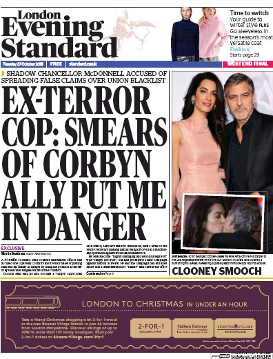 London Evening Standard Newspaper Front Page (UK) for 28 October 2015