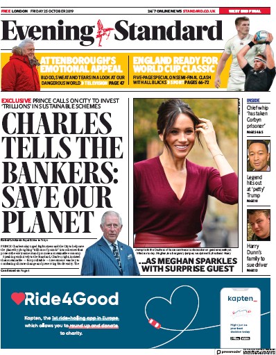 London Evening Standard Newspaper Front Page (UK) for 28 October 2019