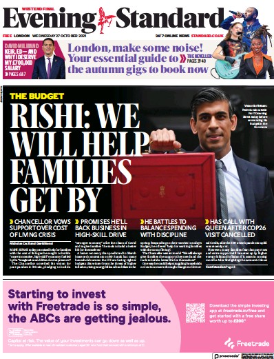 London Evening Standard Newspaper Front Page (UK) for 28 October 2021
