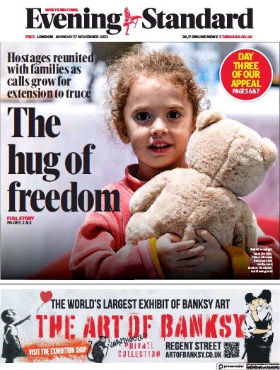 London Evening Standard Newspaper Front Page (UK) for 28 November 2023