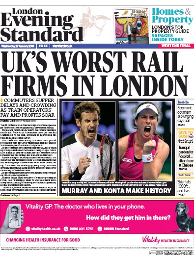 London Evening Standard Newspaper Front Page (UK) for 28 January 2016