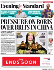 London Evening Standard (UK) Newspaper Front Page for 28 January 2020