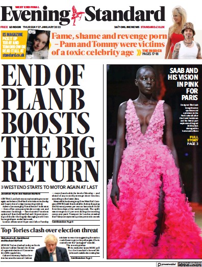 London Evening Standard Newspaper Front Page (UK) for 28 January 2022