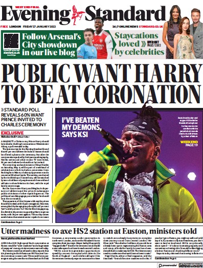 London Evening Standard Newspaper Front Page (UK) for 28 January 2023
