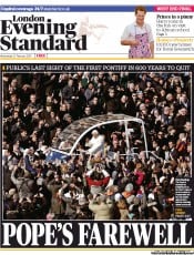 London Evening Standard (UK) Newspaper Front Page for 28 February 2013