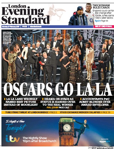 London Evening Standard Newspaper Front Page (UK) for 28 February 2017