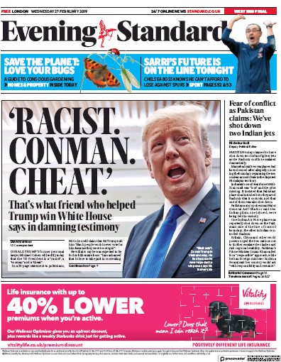 London Evening Standard Newspaper Front Page (UK) for 28 February 2019