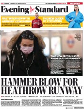 London Evening Standard (UK) Newspaper Front Page for 28 February 2020