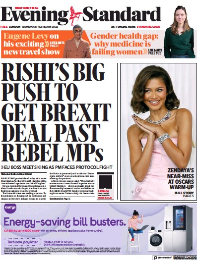 London Evening Standard Newspaper Front Page (UK) for 28 February 2023