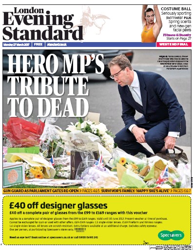 London Evening Standard Newspaper Front Page (UK) for 28 March 2017