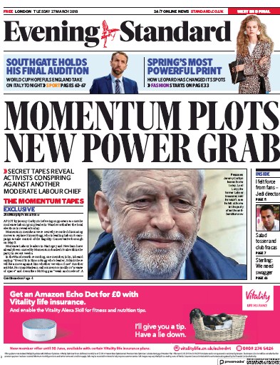 London Evening Standard Newspaper Front Page (UK) for 28 March 2018