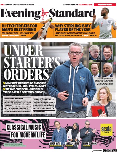 London Evening Standard Newspaper Front Page (UK) for 28 March 2019