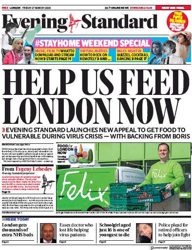 London Evening Standard Newspaper Front Page (UK) for 28 March 2020