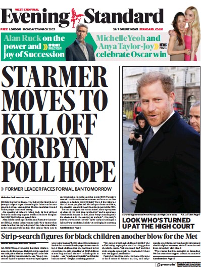 London Evening Standard Newspaper Front Page (UK) for 28 March 2023