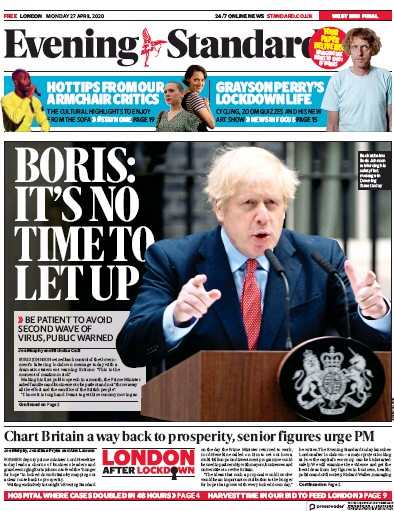 London Evening Standard Newspaper Front Page (UK) for 28 April 2020
