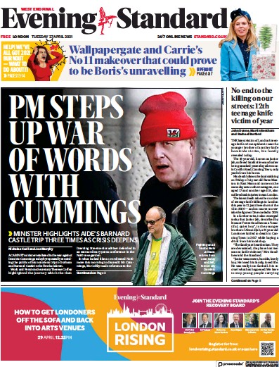 London Evening Standard Newspaper Front Page (UK) for 28 April 2021