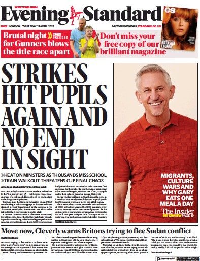 London Evening Standard Newspaper Front Page (UK) for 28 April 2023
