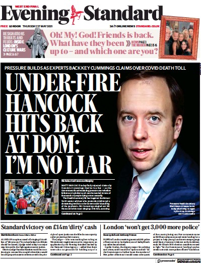 London Evening Standard Newspaper Front Page (UK) for 28 May 2021