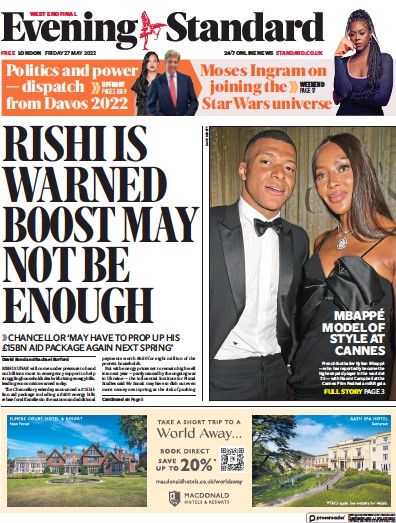 London Evening Standard Newspaper Front Page (UK) for 28 May 2022