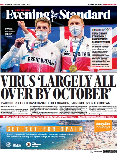 London Evening Standard Newspaper Front Page (UK) for 28 July 2021