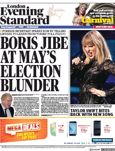 London Evening Standard Newspaper Front Page (UK) for 28 August 2017