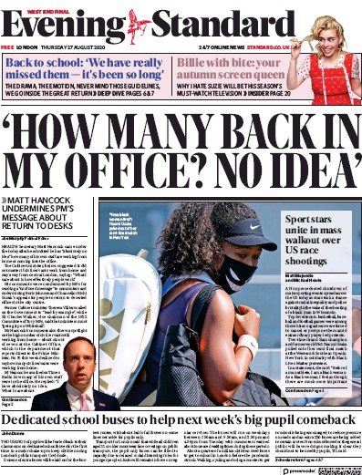 London Evening Standard Newspaper Front Page (UK) for 28 August 2020