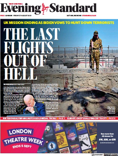 London Evening Standard Newspaper Front Page (UK) for 28 August 2021