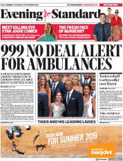 London Evening Standard (UK) Newspaper Front Page for 28 September 2018