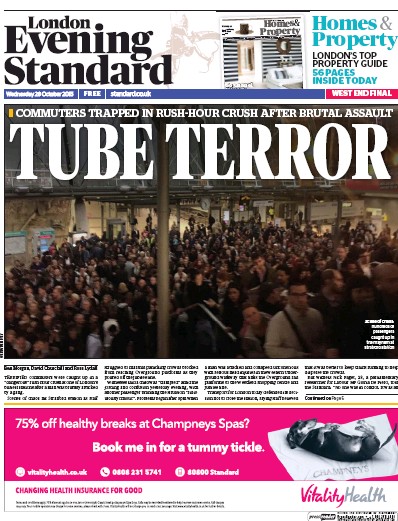 London Evening Standard Newspaper Front Page (UK) for 29 October 2015