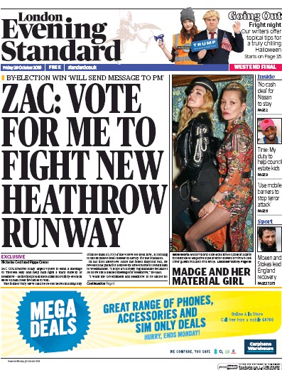 London Evening Standard Newspaper Front Page (UK) for 29 October 2016