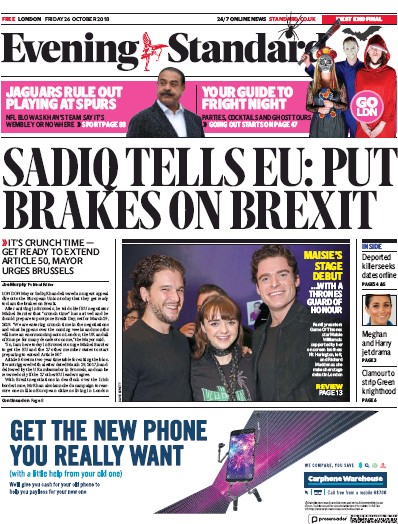 London Evening Standard Newspaper Front Page (UK) for 29 October 2018