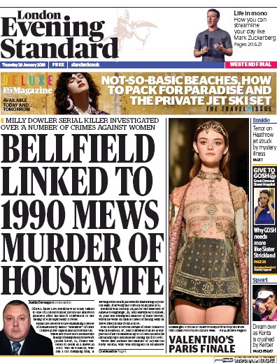 London Evening Standard Newspaper Front Page (UK) for 29 January 2016