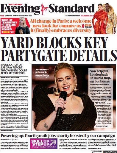 London Evening Standard Newspaper Front Page (UK) for 29 January 2022