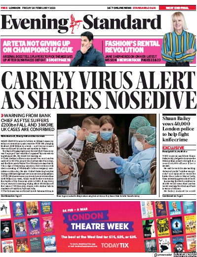 London Evening Standard Newspaper Front Page (UK) for 29 February 2020